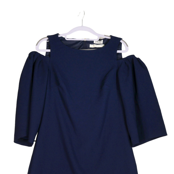 Trina Turk Mini Dress Dark Blue Small Cold Shoulders Long Sleeves Shift Evening - Picture 3 of 8